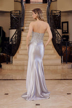 N E1527 - Strapless Fit & flare Prom Gown with Sheer Lace Appliqued Bodice & Leg Slit Prom Gown Nox