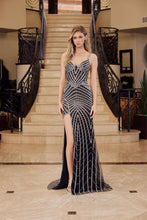N E1531 - In-Line Beaded Fit & Flare Prom Gown with V-Neck Beaded Straps & Leg Slit PROM GOWN Nox 00 Black