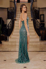 N E1531 - In-Line Beaded Fit & Flare Prom Gown with V-Neck Beaded Straps & Leg Slit PROM GOWN Nox