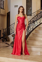 N E1042 - Stretch Satin Fit & Flare Prom Gown with Sweet Heart Neckline & Boned Bodice & Leg Slit & Open Lace Up Back