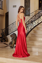 N E1042 - Stretch Satin Fit & Flare Prom Gown with Sweet Heart Neckline & Boned Bodice & Leg Slit & Open Lace Up Back PROM GOWN Nox
