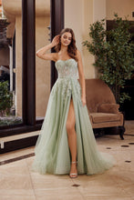 N G1371 - Strapless Layered Tulle A-Line Tulle Prom Gown with Embroidered Appliqued Bodice & Leg Slit PROM GOWN Nox 00 Sage