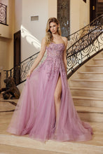 N G1371 - Strapless Layered Tulle A-Line Tulle Prom Gown with Embroidered Appliqued Bodice & Leg Slit PROM GOWN Nox 00 dark rose