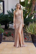 N G1652 - Strapless Full Sequined Fit & Flared Prom Gown with Structured Corset Bodice & Leg Slit Prom Gown Nox 00 Mocha Gold