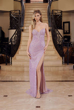 N G1652 - Strapless Full Sequined Fit & Flared Prom Gown with Structured Corset Bodice & Leg Slit Prom Gown Nox 00 Light Mauve