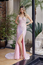 N G1655 - Iridescent Sequin Fit & Flare Prom Gown with Sheer Bead Appliqued V-Neck Bodice Leg Slit & Open Lace Up Back PROM GOWN Nox