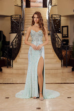 N G1655 - Iridescent Sequin Fit & Flare Prom Gown with Sheer Bead Appliqued V-Neck Bodice Leg Slit & Open Lace Up Back PROM GOWN Nox 00 Sage