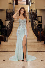 N G1655 - Iridescent Sequin Fit & Flare Prom Gown with Sheer Bead Appliqued V-Neck Bodice Leg Slit & Open Lace Up Back PROM GOWN Nox