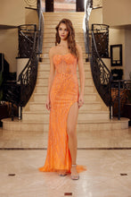 N G1650 - Strapless Full Sequin Fit & Flare Prom Gown with Sheer V-Neck Bodice & Leg Slit PROM GOWN Nox 00 Orange