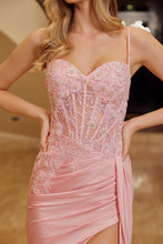 N H1671 - Stretch Shimmer Satin Fit & Flare Prom Gown with Sheer Beaded Lace Embellished V-Neck Bodice Leg Slit & Side Sash PROM GOWN Nox