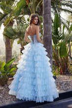 N R1688 - Strapless Ruffled Tulle A-Line Prom Gown with Sheer Beaded Bodice Leg Slit & Open Lace Up Back PROM GOWN Nox 12 light blue