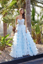 N R1688 - Strapless Ruffled Tulle A-Line Prom Gown with Sheer Beaded Bodice Leg Slit & Open Lace Up Back PROM GOWN Nox 00 light blue