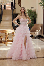 N R1688 - Strapless Ruffled Tulle A-Line Prom Gown with Sheer Beaded Bodice Leg Slit & Open Lace Up Back PROM GOWN Nox 00 Pink