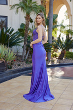 N Y1550 - Stretch Jersey Fit & Flare Prom Gown with Sheer Bead Appliqued Bodice Leg Slit & Open Lace Up Back PROM GOWN Nox