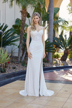 N Y1550 - Stretch Jersey Fit & Flare Prom Gown with Sheer Bead Appliqued Bodice Leg Slit & Open Lace Up Back PROM GOWN Nox 00 White