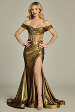 LF 8113 - Off the Shoulder Liquid Metal Fit & Flare Prom Gown with Sheer Structured Corset Bodice & Leg Slit PROM GOWN Let's Fashion XS Bronze