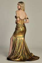 LF 8113 - Off the Shoulder Liquid Metal Fit & Flare Prom Gown with Sheer Structured Corset Bodice & Leg Slit PROM GOWN Let's Fashion