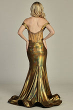 LF 8113 - Off the Shoulder Liquid Metal Fit & Flare Prom Gown with Sheer Structured Corset Bodice & Leg Slit PROM GOWN Let's Fashion