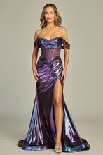 LF 8113 - Off the Shoulder Liquid Metal Fit & Flare Prom Gown with Sheer Structured Corset Bodice & Leg Slit PROM GOWN Let's Fashion XS Purple