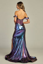 LF 8113 - Off the Shoulder Liquid Metal Fit & Flare Prom Gown with Sheer Structured Corset Bodice & Leg Slit PROM GOWN Let's Fashion