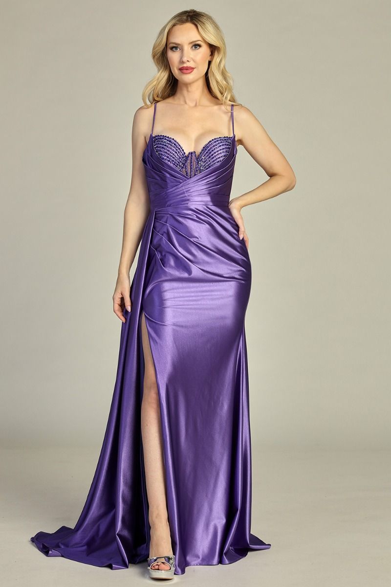 LF 8140 - Stretch Satin Fit & Flare Prom Gown with Rhinestone Trimmed Bodice Leg Slit Side Sash & Open Lace Up Back PROM GOWN Let's Fashion XS Purple