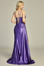 LF 8140 - Stretch Satin Fit & Flare Prom Gown with Rhinestone Trimmed Bodice Leg Slit Side Sash & Open Lace Up Back PROM GOWN Let's Fashion