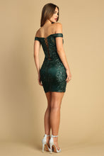 AD 1043- Glitter Printed Off the Shoulder Fitted Homecoming Dress with Sheer Boned Corset Bodice & Open Lace Up Back Homecoming Adora XS DARK EMERALD 