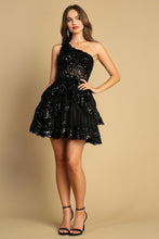 AD 1044 - One Shoulder A-Line Homecoming Dress with Sheer Sequin Embellished Boned Corset Top & Layered Skirt Homecoming Adora XS BLACK 