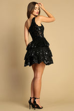 AD 1044 - One Shoulder A-Line Homecoming Dress with Sheer Sequin Embellished Boned Corset Top & Layered Skirt Homecoming Adora   