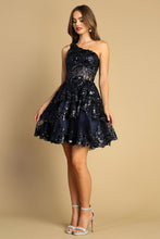 AD 1044 - One Shoulder A-Line Homecoming Dress with Sheer Sequin Embellished Boned Corset Top & Layered Skirt Homecoming Adora XS NAVY 