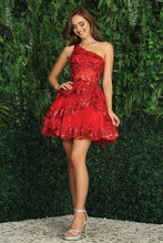 AD 1044 - One Shoulder A-Line Homecoming Dress with Sheer Sequin Embellished Boned Corset Top & Layered Skirt Homecoming Adora XS RED 