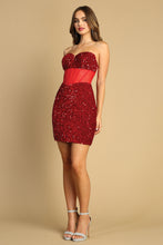 AD 1049 - Sequin Velvet Short Homecoming Dress With Sheer Boned Bodice & Sweet Heart Neckline Homecoming Adora XS RED 