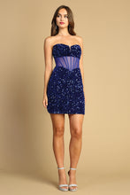 AD 1049 - Sequin Velvet Short Homecoming Dress With Sheer Boned Bodice & Sweet Heart Neckline Homecoming Adora XS ROYAL BLUE 