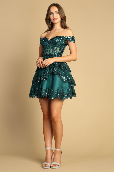 AD 1051- Sequin Embellished Off the Shoulder A-line Homecoming Dress with Sheer Boned Corset Top & Open Lace Up Back