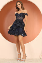AD 1051- Sequin Embellished Off the Shoulder A-line Homecoming Dress with Sheer Boned Corset Top & Open Lace Up Back Homecoming Adora XS NAVY 