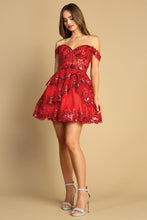AD 1051- Sequin Embellished Off the Shoulder A-line Homecoming Dress with Sheer Boned Corset Top & Open Lace Up Back Homecoming Adora XS RED 