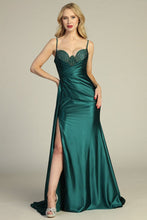 LF 8140 - Stretch Satin Fit & Flare Prom Gown with Rhinestone Trimmed Bodice Leg Slit Side Sash & Open Lace Up Back PROM GOWN Let's Fashion XS Emerald