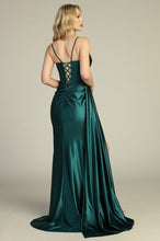 LF 8140 - Stretch Satin Fit & Flare Prom Gown with Rhinestone Trimmed Bodice Leg Slit Side Sash & Open Lace Up Back PROM GOWN Let's Fashion