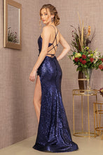 GL 3146 - 3D Floral Accented Full Sequin Fit & Flare Prom Gown with Leg Slit & Open Lace Up Back PROM GOWN GLS   