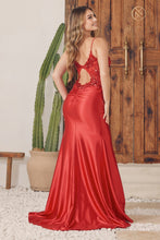 N E1238 - Stretch Satin Fit & Flare Prom Gown with Structured Boned Bodice Leg Slit & Encircled Open Back PROM GOWN Nox 00 RED 