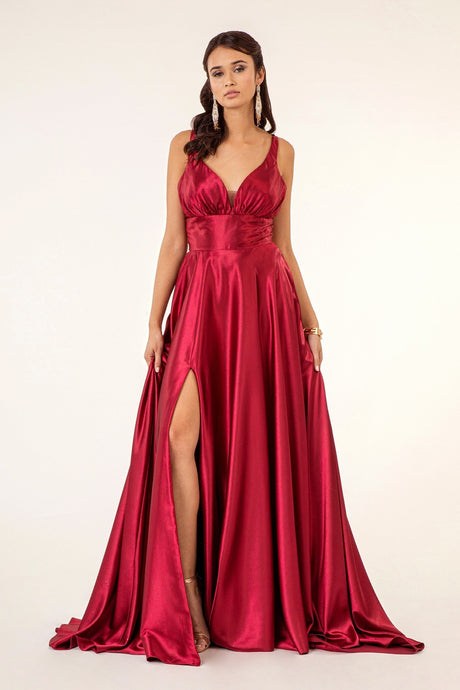 GL 2963 - Stretch Satin A-Line Prom Gown with Ruched V-Neck Bodice & Strappy Back PROM GOWN GLS XS BURGUNDY 