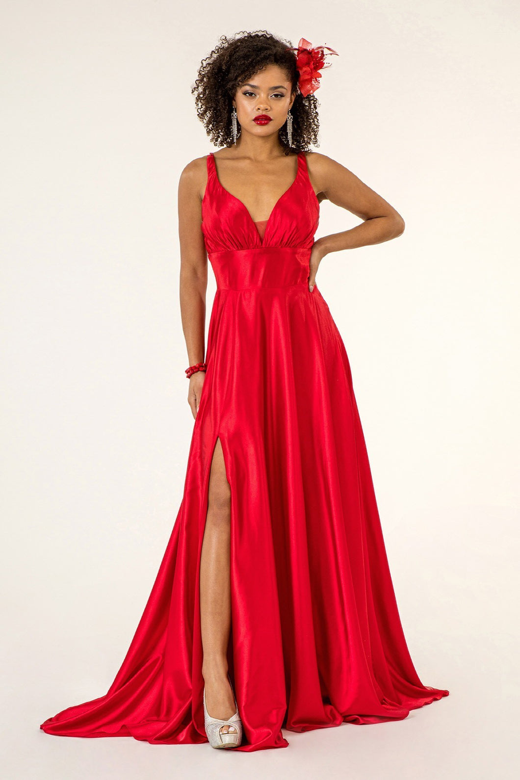 GL 2963 - Stretch Satin A-Line Prom Gown with Ruched V-Neck Bodice & S Diggz Formals GL 2963 - Stretch Satin A-Line Prom Gown with Ruched V-Neck Bodice & S Diggz Formals
