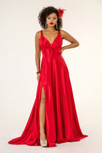 GL 2963 - Stretch Satin A-Line Prom Gown with Ruched V-Neck Bodice & Strappy Back PROM GOWN GLS L RED 