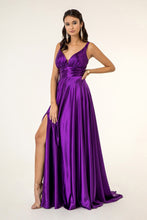 GL 2963 - Stretch Satin A-Line Prom Gown with Ruched V-Neck Bodice & Strappy Back PROM GOWN GLS XS EGGPLANT 