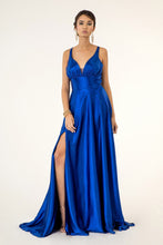 GL 2963 - Stretch Satin A-Line Prom Gown with Ruched V-Neck Bodice & Strappy Back PROM GOWN GLS XS ROYAL BLUE 
