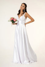 GL 2963 - Stretch Satin A-Line Prom Gown with Ruched V-Neck Bodice & Strappy Back PROM GOWN GLS XS WHITE 