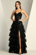 AD 3217 - Sequin Embellished Layered Ruffle A-Line Prom Gown with Sheer Boned Bodice Open Lace Up Corset Back & Leg Slit PROM GOWN Adora XS BLACK