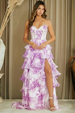 AC 2060 - Strapless Floral Printed Chiffon A-Line Prom Gown with Structured Corset Bodice Leg Slit & Open Lace Up Back PROM GOWN Amelia Couture 0 Purple