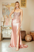 AC 2131 - Strapless Stretch Satin Fit & Flare Prom Gown with Sheer Crystal Embellished Corset Bodice Lace Up Back & Leg Slit Prom Gown Amelia Couture