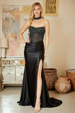 AC 2131 - Strapless Stretch Satin Fit & Flare Prom Gown with Sheer Crystal Embellished Corset Bodice Lace Up Back & Leg Slit Prom Gown Amelia Couture 0 Black